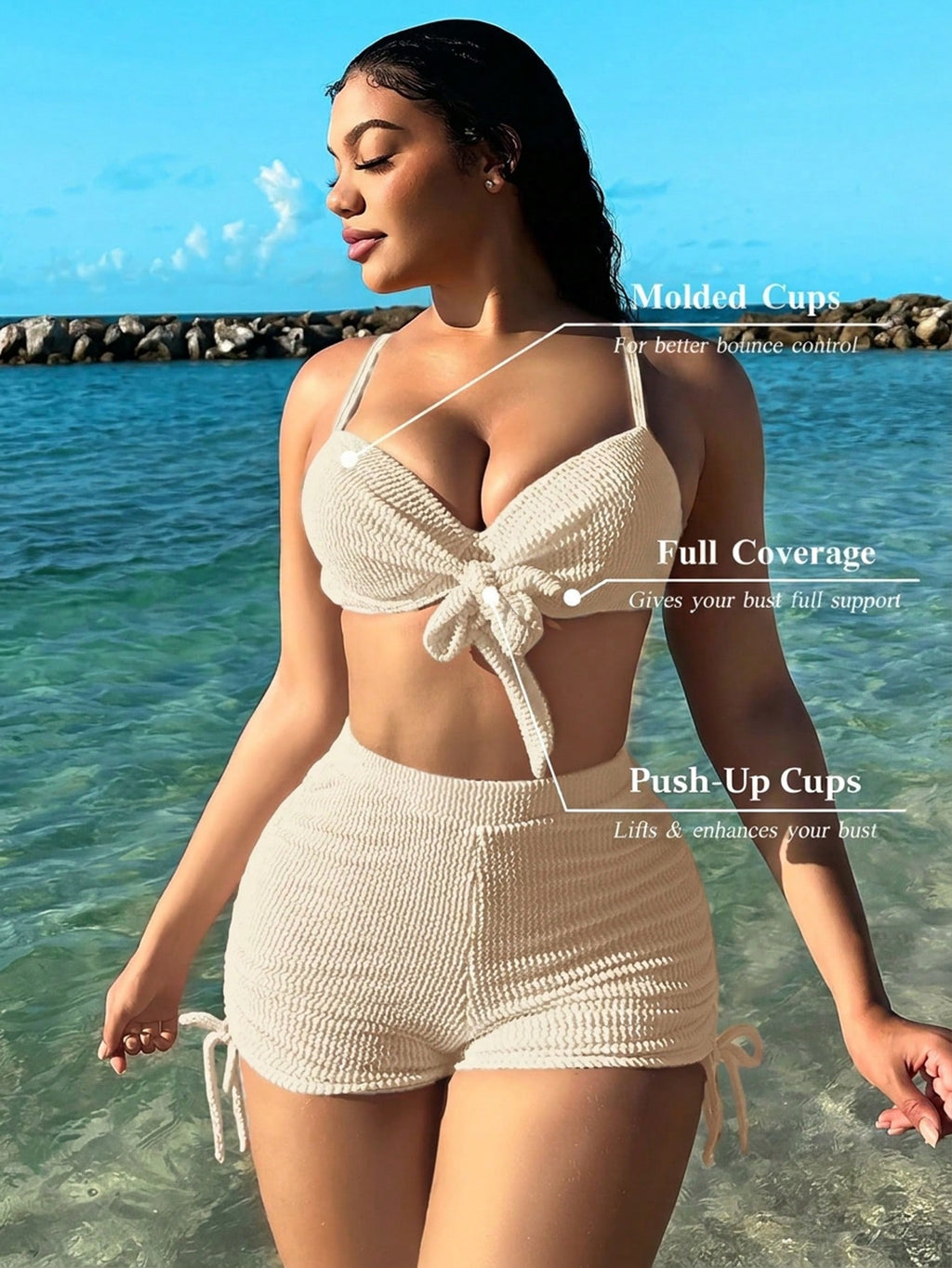 Swim SXY Women's Solid Color Front Knot Fashionable Bikini Set, Summer Beach Vacation White Casual - image 3