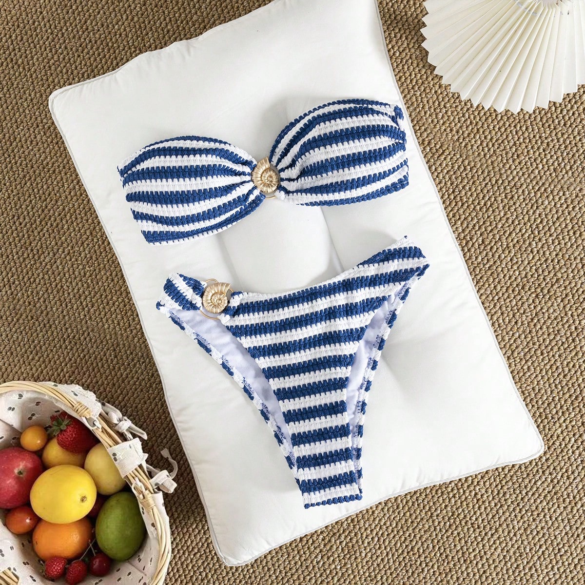 Slim Striped Women's Two Pieces Bikini, Sexy European Strapless