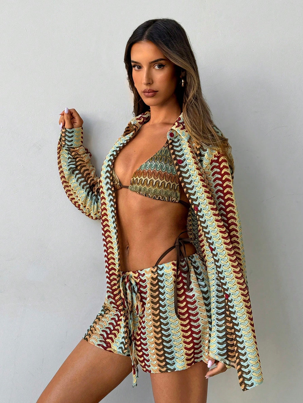 Aloruh Women's Striped Chiffon Cover Up & Shorts Set,Loose Casual Cream Summer M