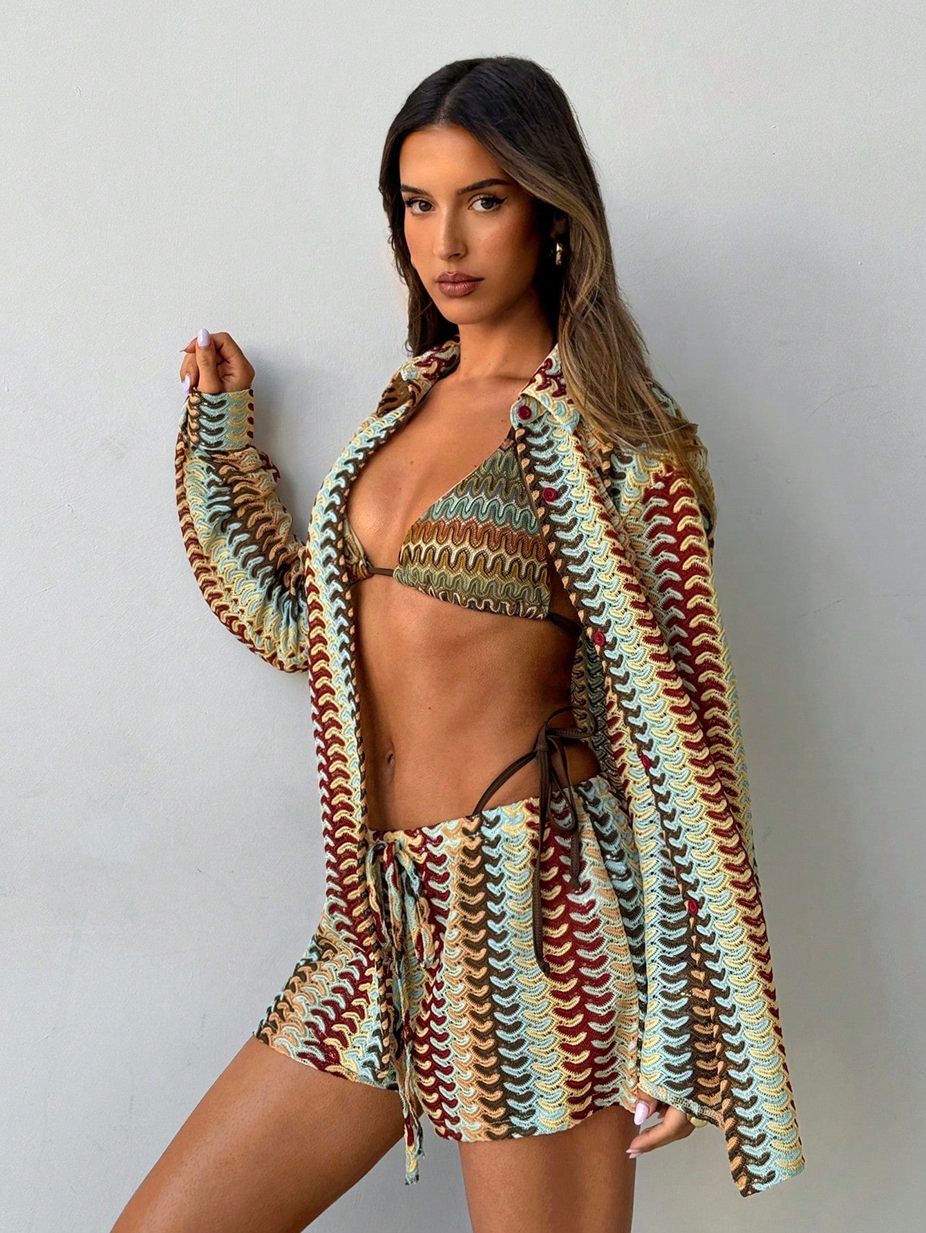 Aloruh Women's Striped Chiffon Cover Up & Shorts Set,Loose Casual Cream Summer M