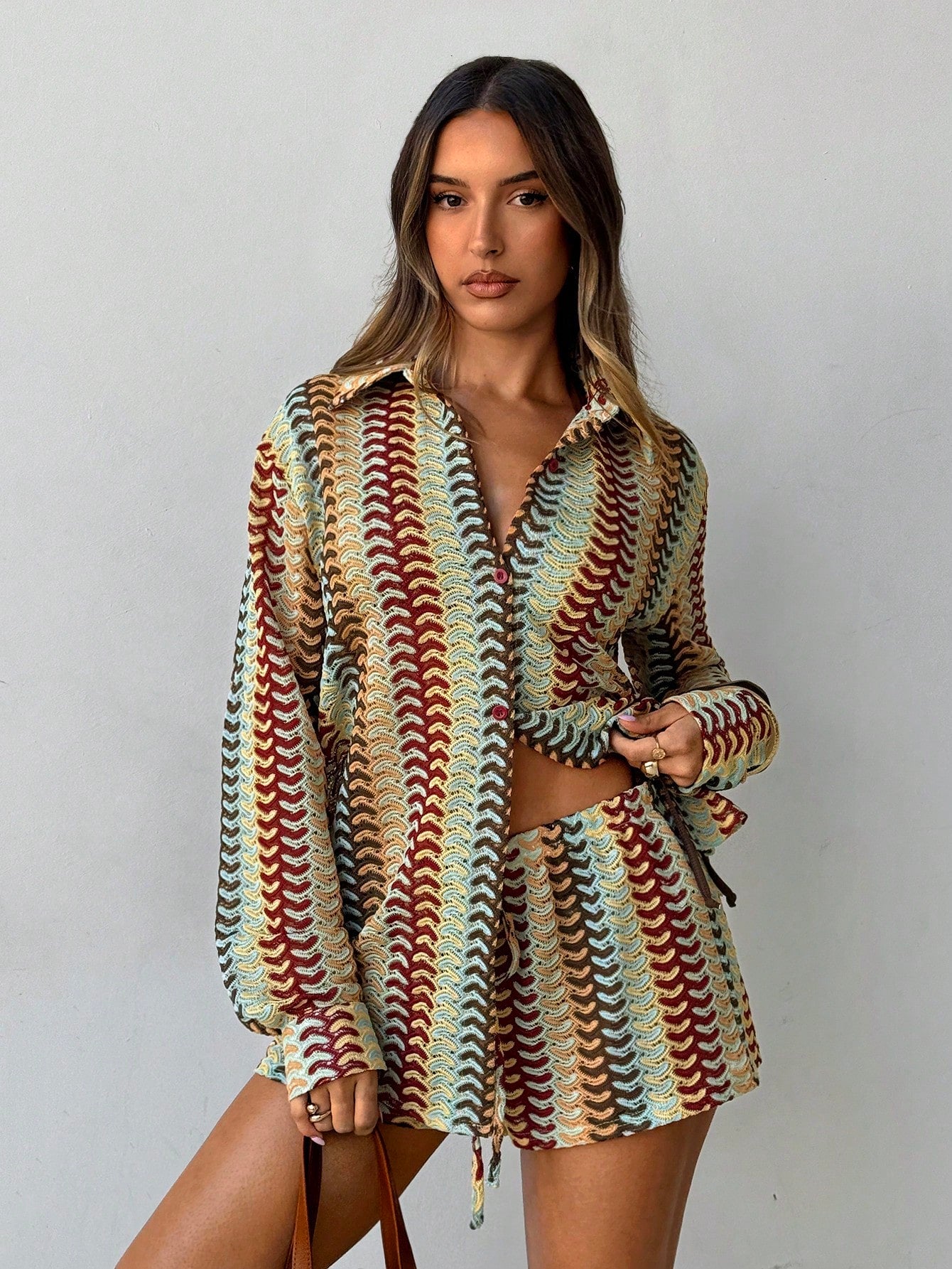 Aloruh Women's Striped Chiffon Cover Up & Shorts Set,Loose Casual Cream Summer M