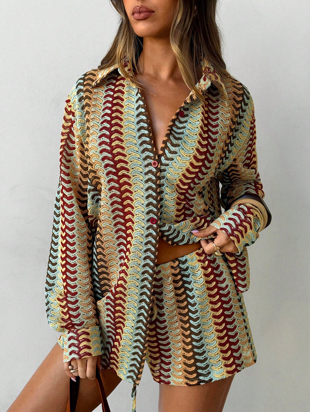Aloruh Women's Striped Chiffon Cover Up & Shorts Set,Loose Casual Cream Summer M