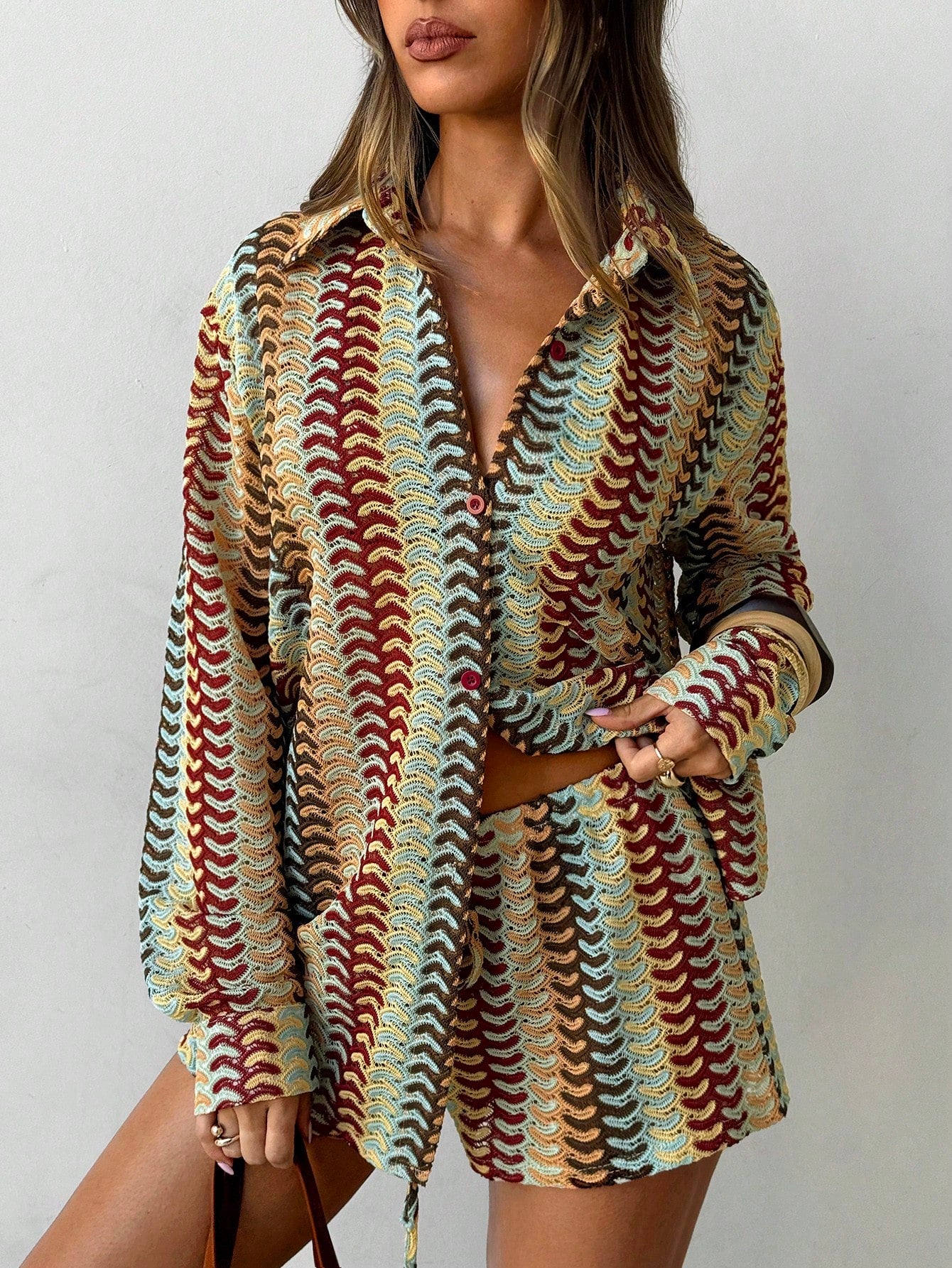 Aloruh Women's Striped Chiffon Cover Up & Shorts Set,Loose Casual Cream Summer M