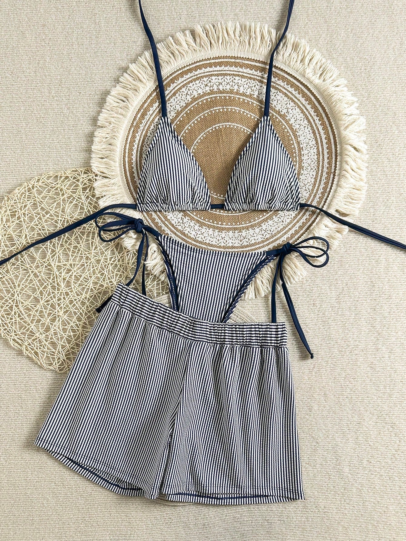 Swim Vcay Light Blue Striped 3 Pieces Bikini Set With Shorts,Summer