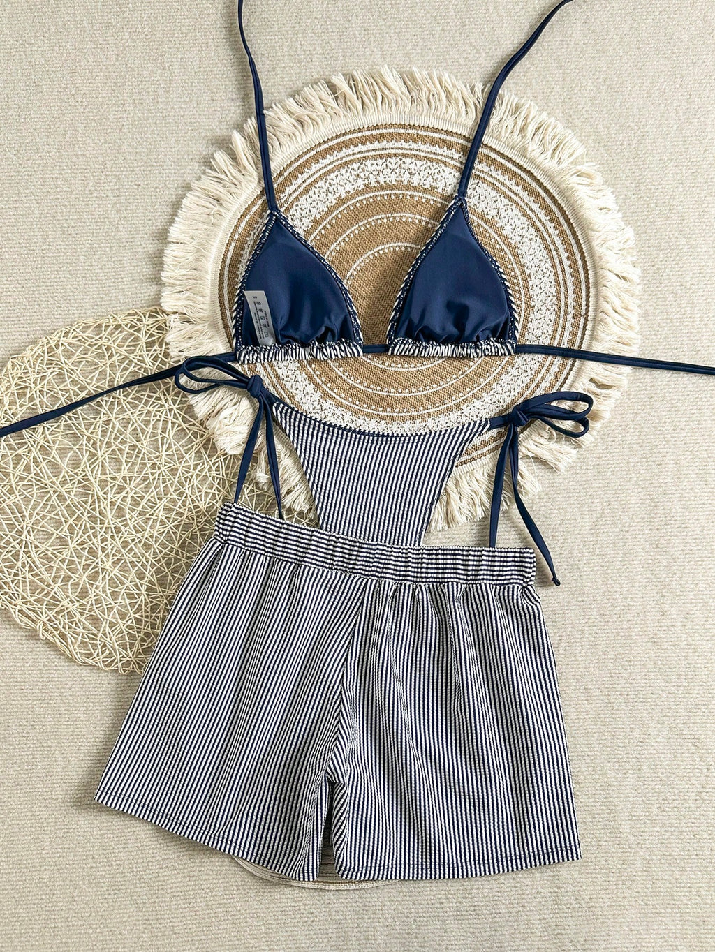 Swim Vcay Light Blue Striped 3 Pieces Bikini Set With Shorts,Summer