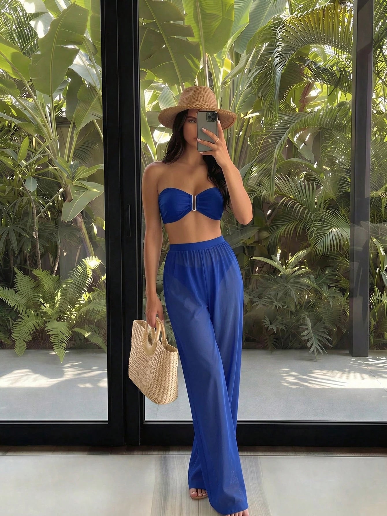 Costavie 3pcs/Set New Yellow Bandeau Top, Triangle Bottoms, And Mesh Beach Pants