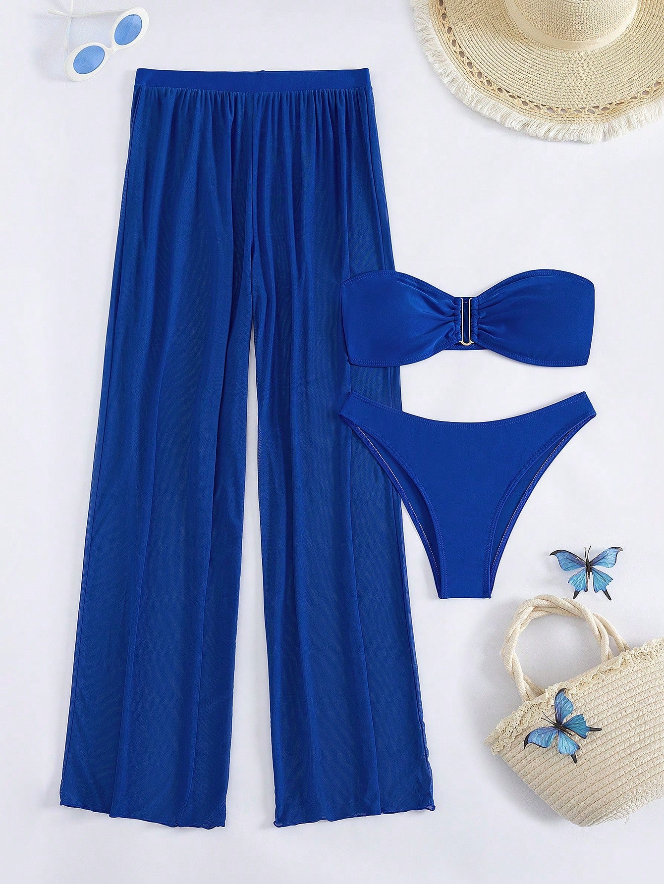 Costavie 3pcs/Set New Yellow Bandeau Top, Triangle Bottoms, And Mesh Beach Pants