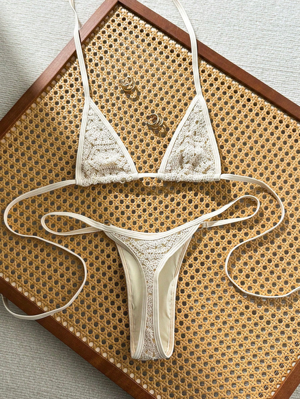 Swim SXY Summer Beach Metallic Bikini Set Micro Triangle Bra & O-Ring Linked Tho