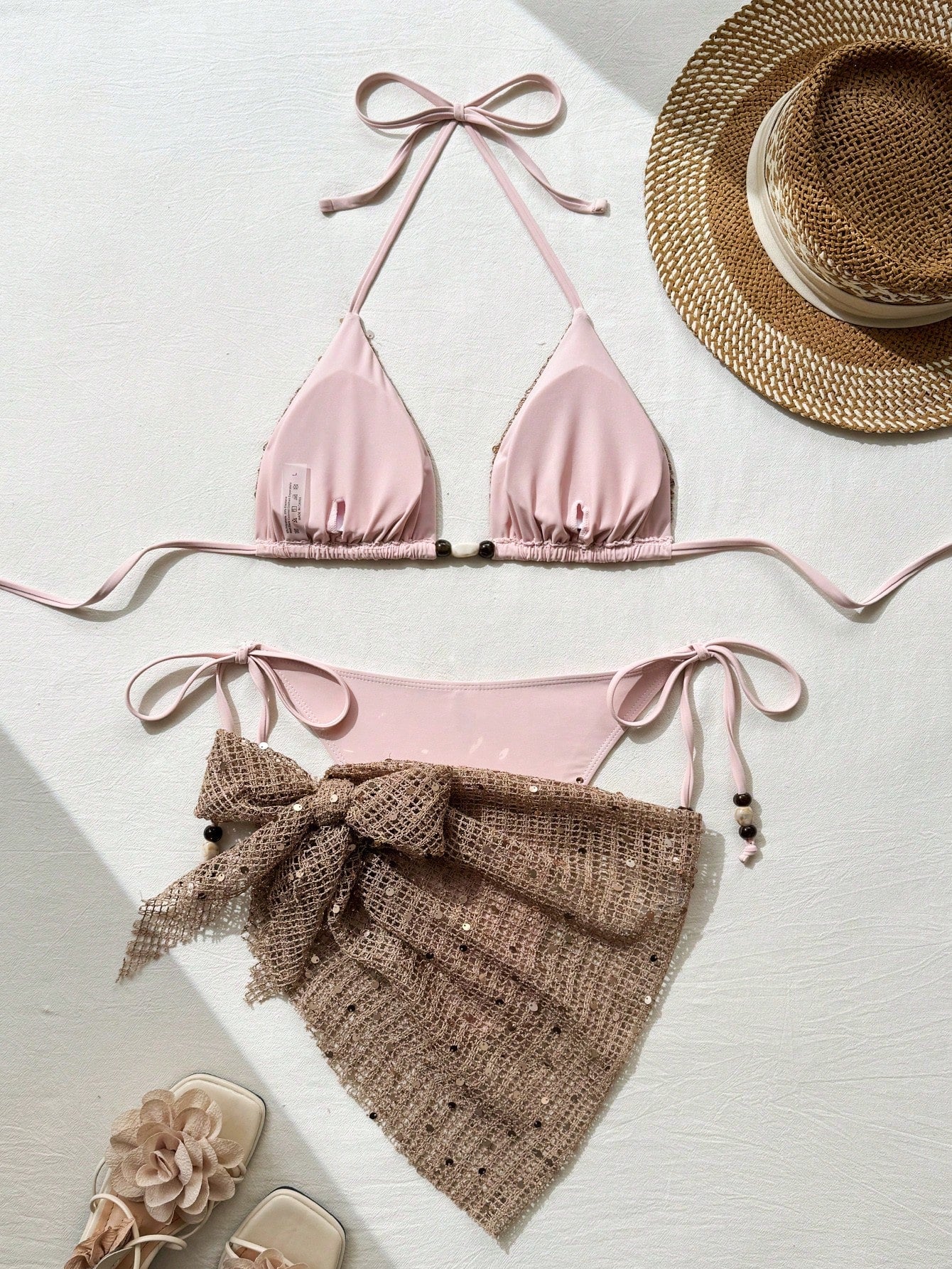 Swim Vcay 3pcs/Set Spaghetti Strap Halter Bikini,Beaded Sequin Fabric,Tie Side Swim Bottoms,Mini Skirt - image 10