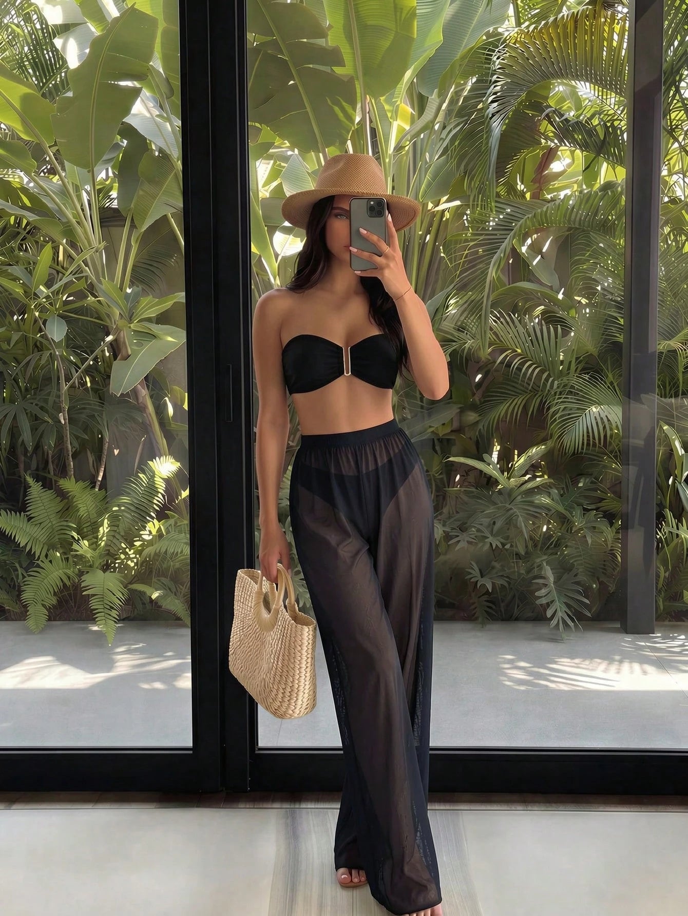 Costavie 3pcs/Set New Yellow Bandeau Top, Triangle Bottoms, And Mesh Beach Pants