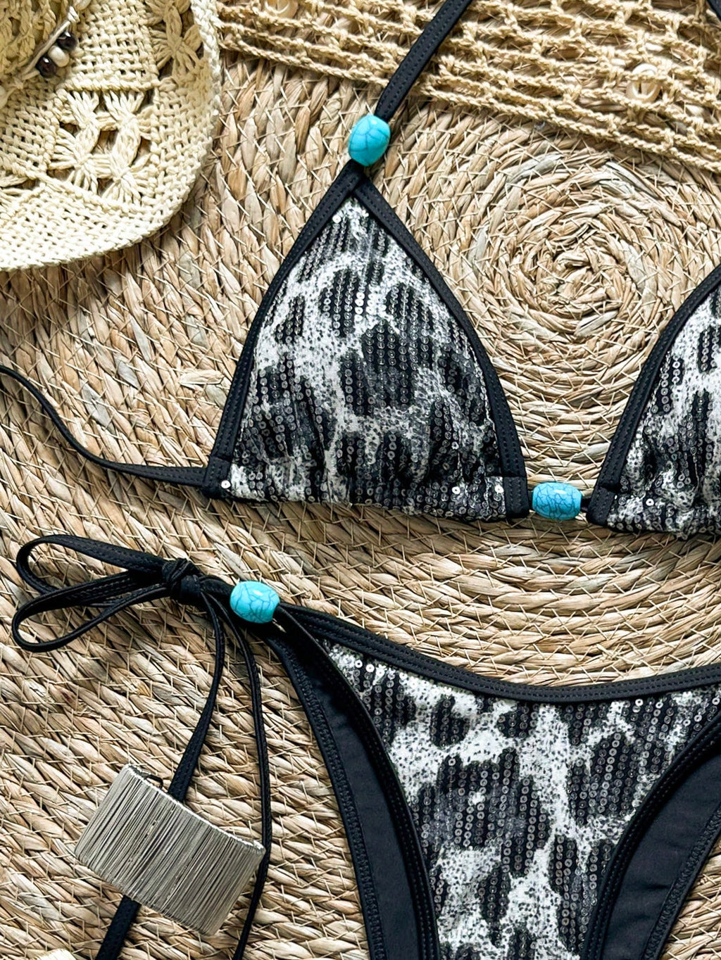 Swim Vcay Swim -D 2pcs/Set Brown Sequin Animal Leopard Snake Print