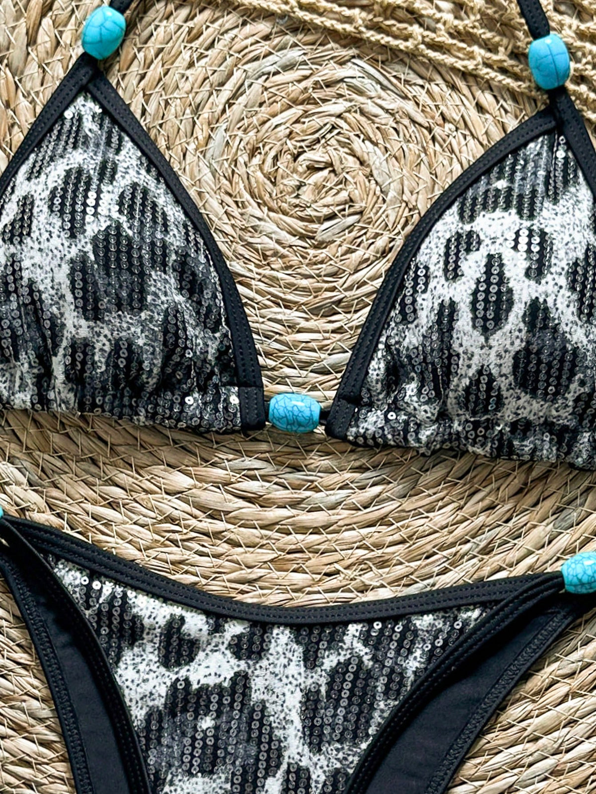 Swim Vcay Swim -D 2pcs/Set Brown Sequin Animal Leopard Snake Print Textured Triangle Cup Bra Side Tie Bottoms - image 15