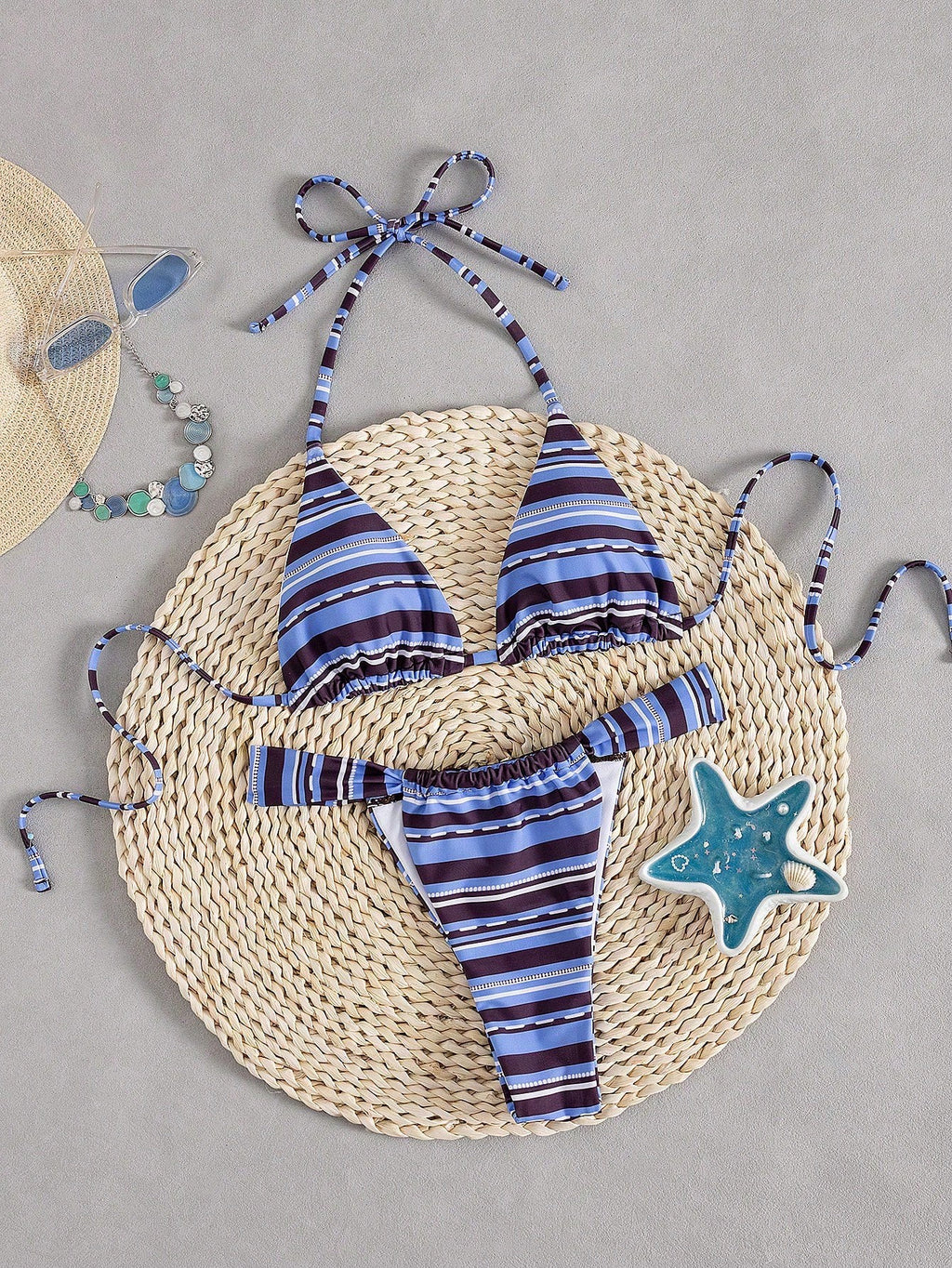 Women's Sexy Colorful Striped Bohemian Style Halter Tie Back Bikini