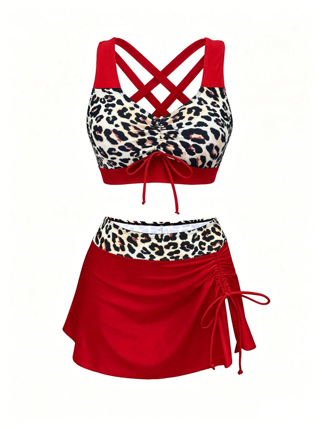 1 Set Women's 3-Piece Bikini Swimwear, Leopard Print Splice Ruched