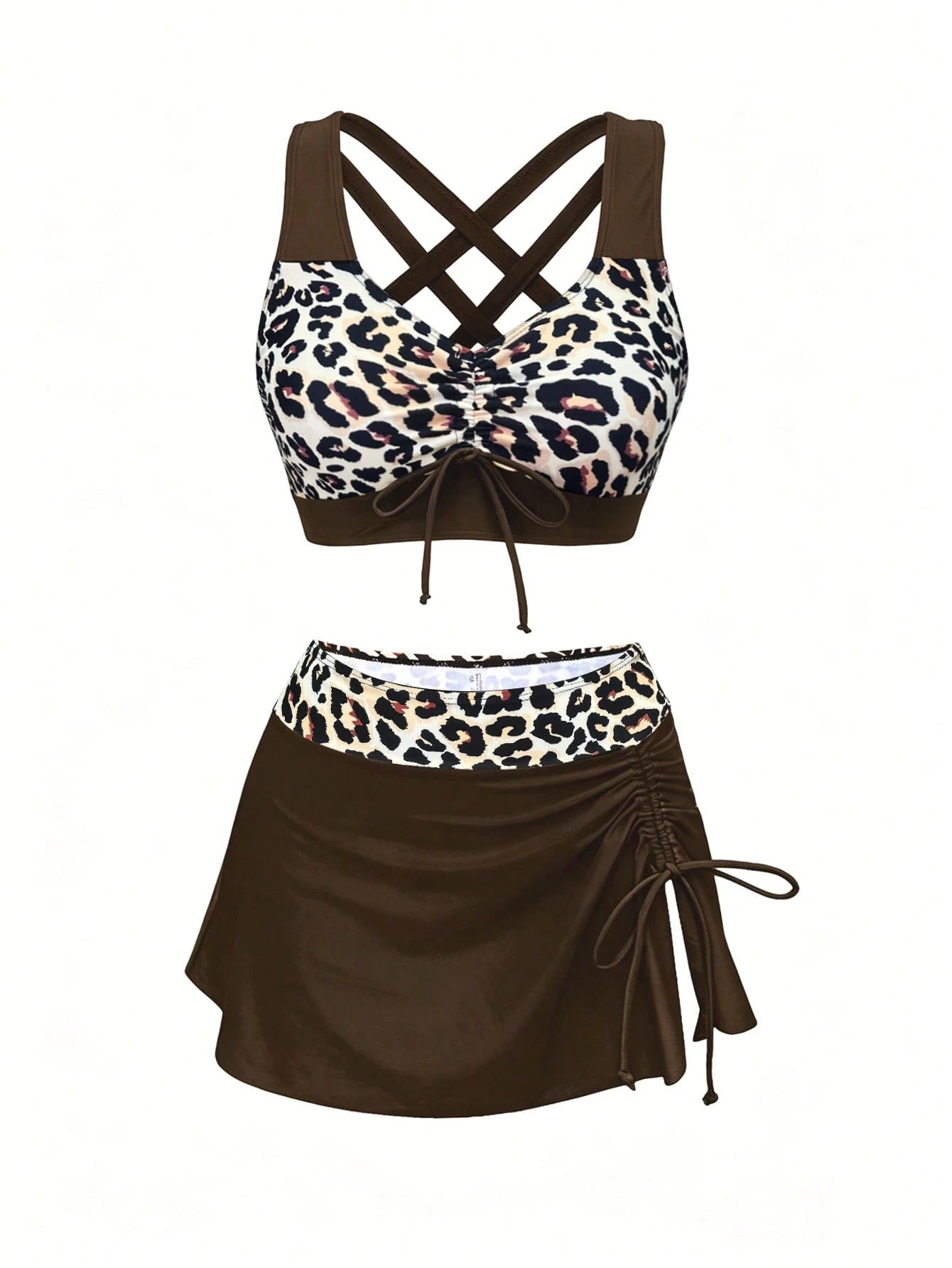 1 Set Women's 3-Piece Bikini Swimwear, Leopard Print Splice Ruched