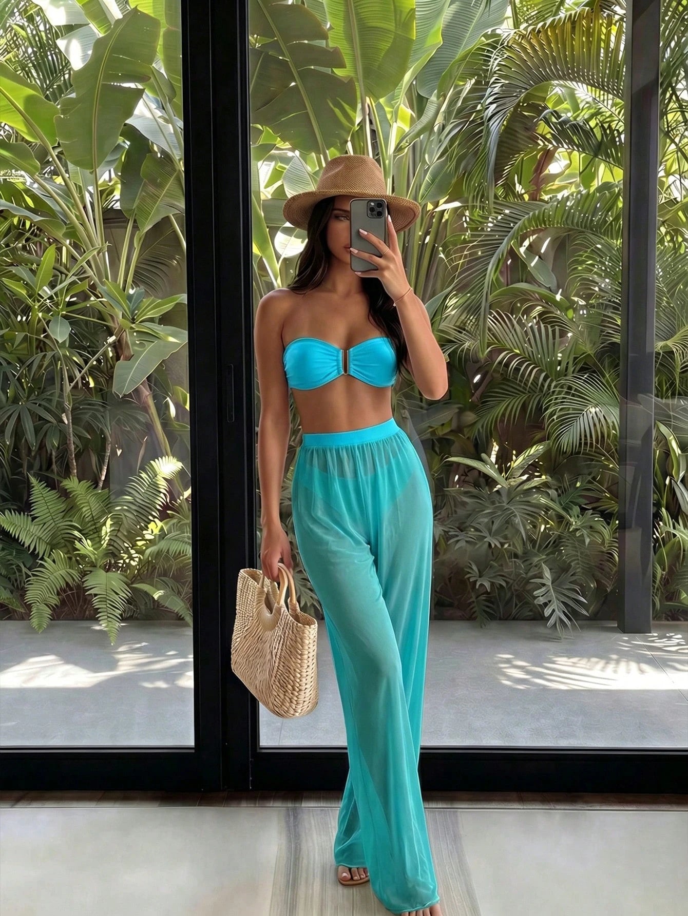 Costavie 3pcs/Set New Yellow Bandeau Top, Triangle Bottoms, And Mesh Beach Pants