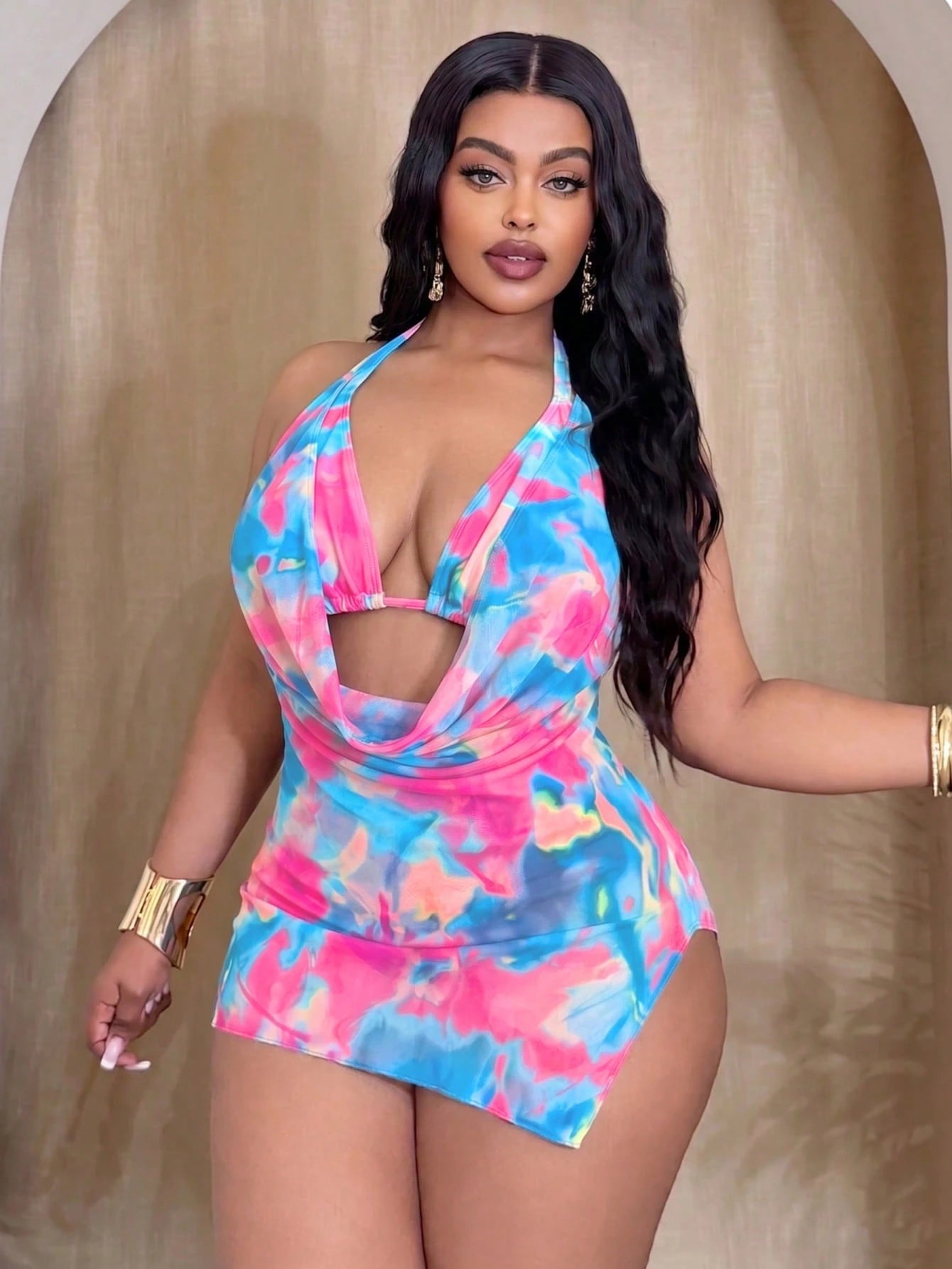 Swim SXY Plus Size Women's Baby Blue Ombre Halter Bikini Set Set With Loose Cover-Up Dress Vacation Summer