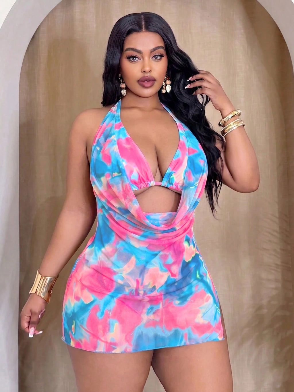 Swim SXY Plus Size Women's Baby Blue Ombre Halter Bikini Set Set With Loose Cover-Up Dress Vacation Summer - image 3