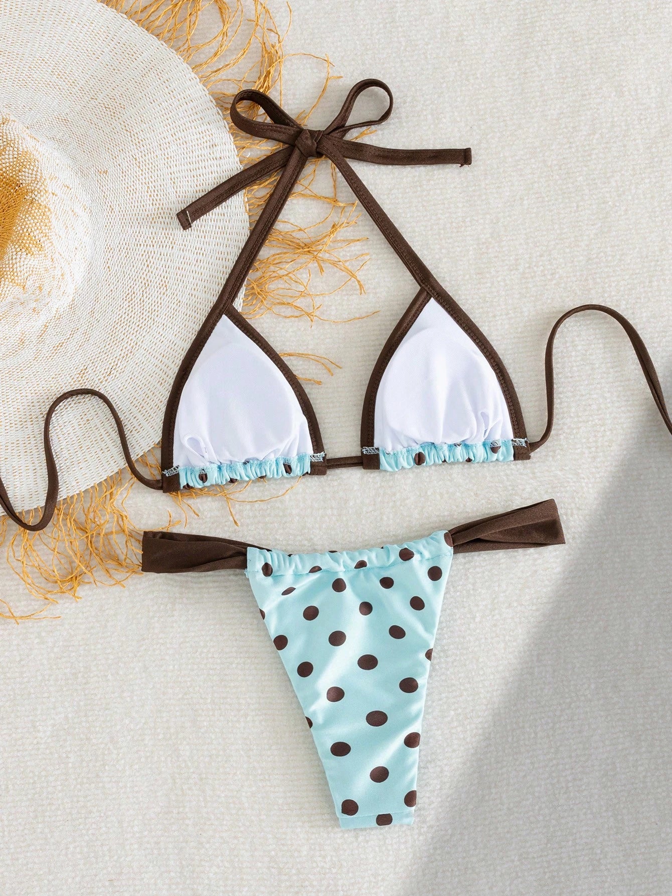 Swim Mod Contrast Color Polka Dot Print Halter Neck Tied Two Pieces