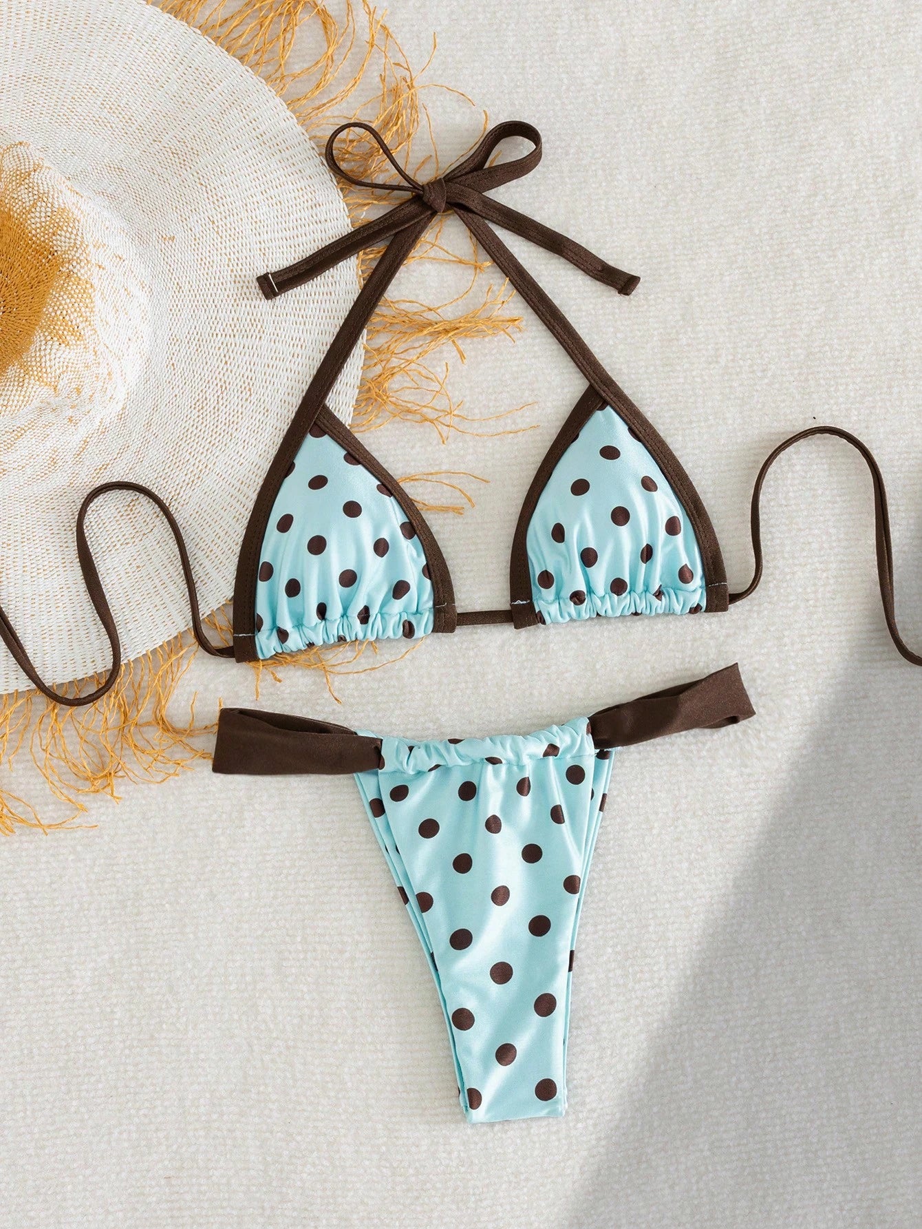 Swim Mod Contrast Color Polka Dot Print Halter Neck Tied Two Pieces
