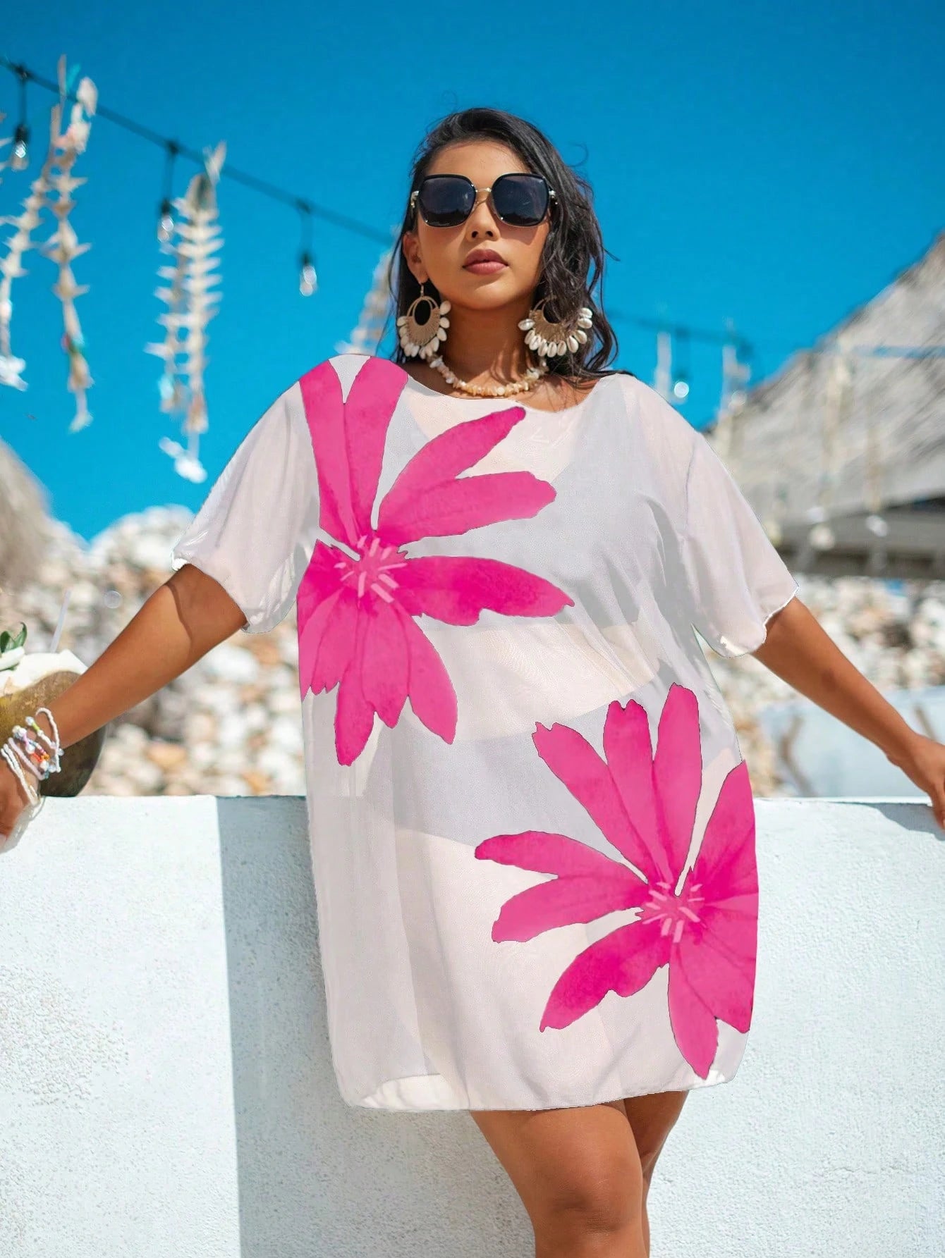 Swim Lushoire Plus Size Women Loose Mesh Print Short Sleeve Beach