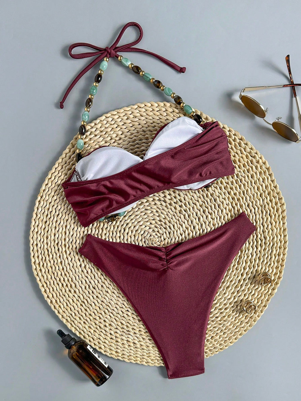 Swim Chiccia Swim Chic Women's Solid Color Beaded Tie Strap Swimwear