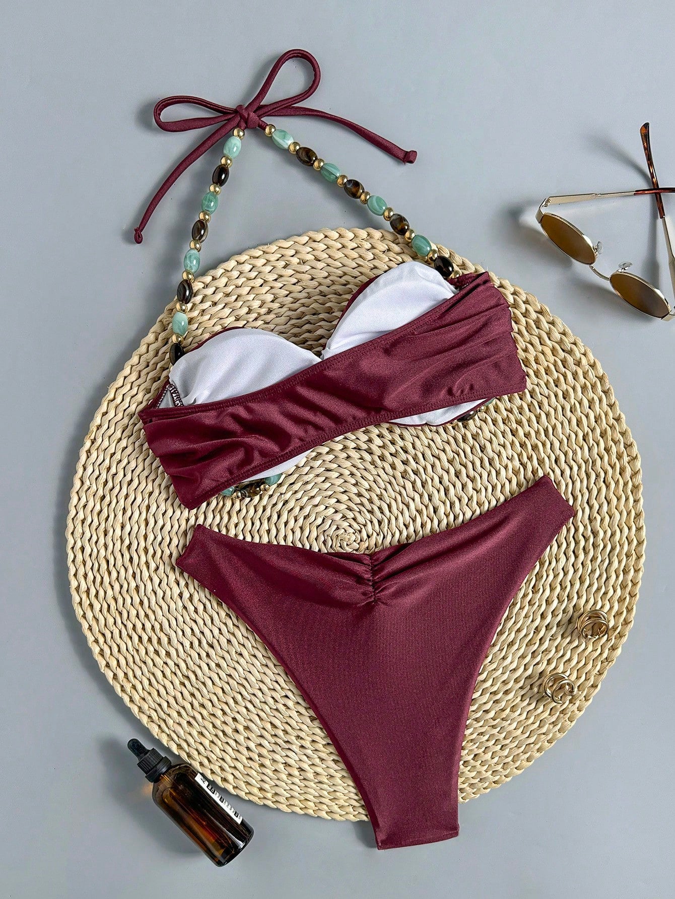 Swim Chiccia Swim Chic Women's Solid Color Beaded Tie Strap Swimwear