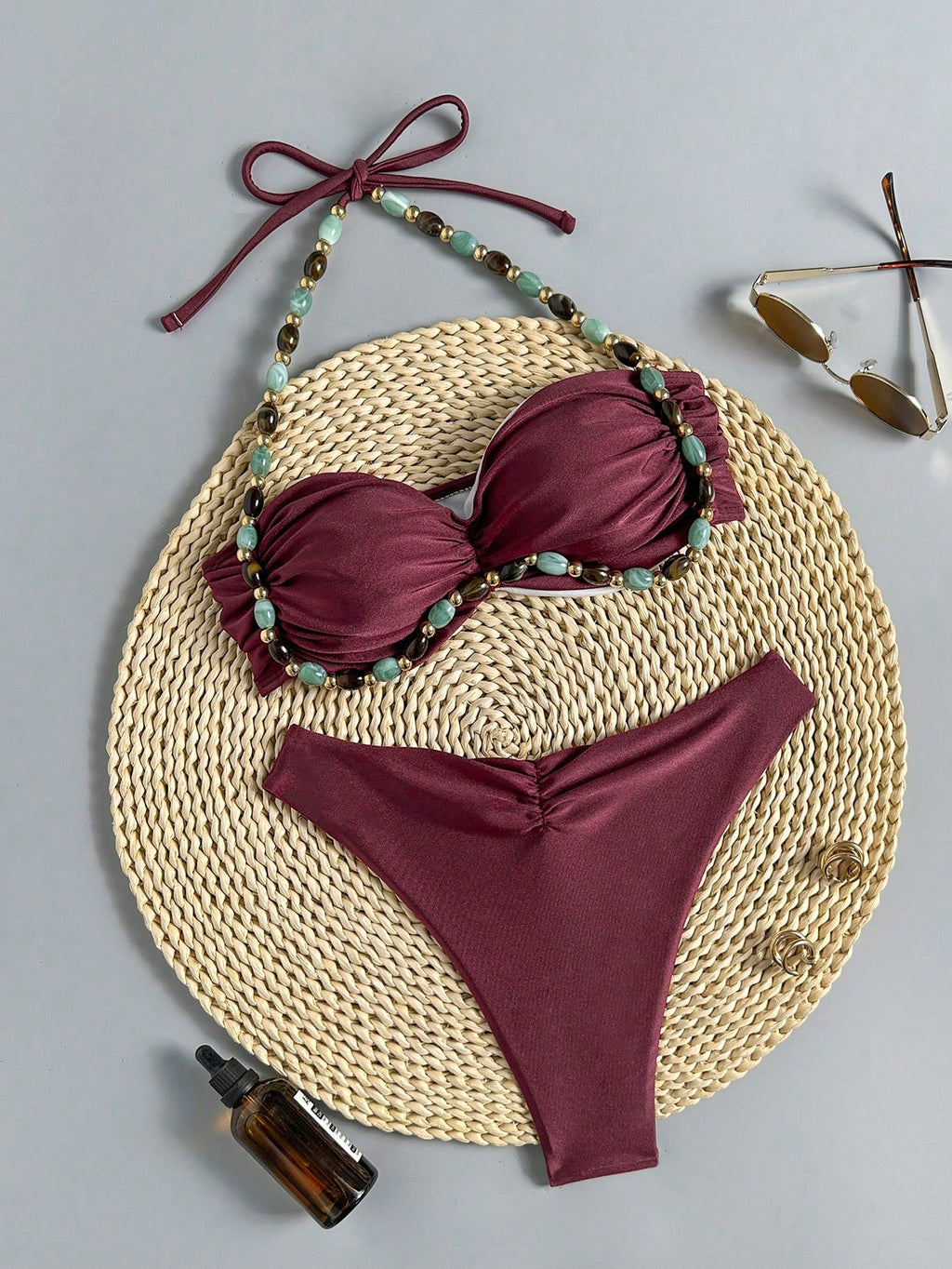 Swim Chiccia Swim Chic Women's Solid Color Beaded Tie Strap Swimwear