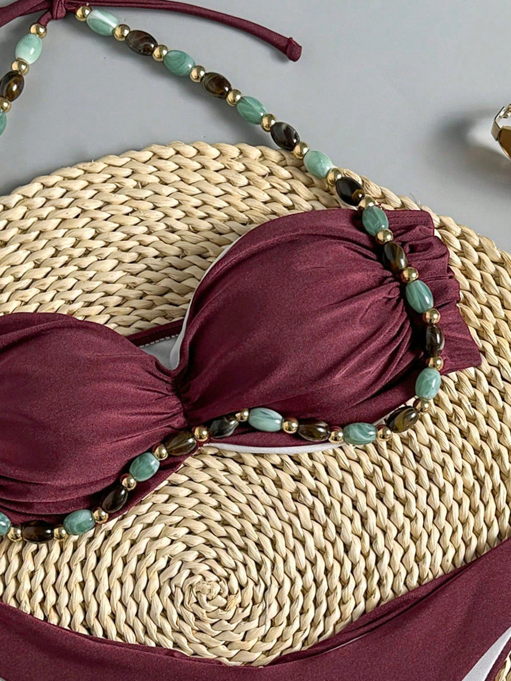 Swim Chiccia Swim Chic Women's Solid Color Beaded Tie Strap Swimwear
