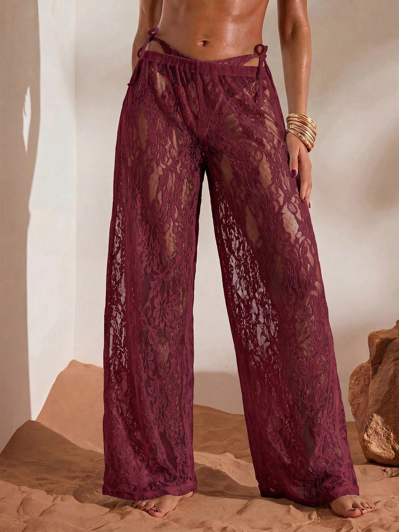 Opulessa Women's Beach Vacation Casual Lace Coverup & Pants Set Cover