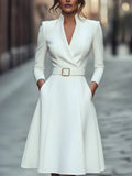 2026 Hot European Solid Color V Neck Waist Cinched Swing Long Sleeve Autumn Winter Dress