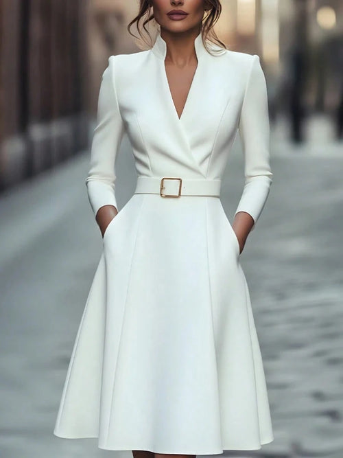 2026 Hot European Solid Color V Neck Waist Cinched Swing Long Sleeve Autumn Winter Dress