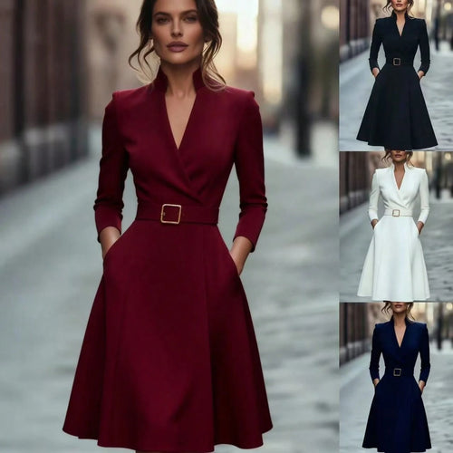 2026 Hot European Solid Color V Neck Waist Cinched Swing Long Sleeve Autumn Winter Dress - image 2