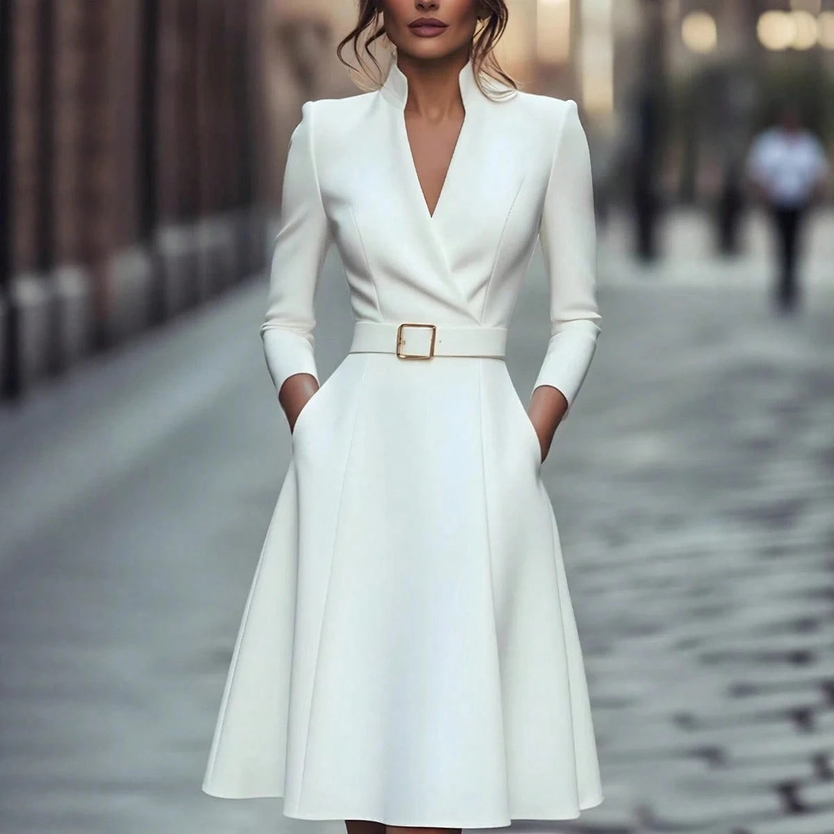 2026 Hot European Solid Color V Neck Waist Cinched Swing Long Sleeve Autumn Winter Dress - image 4