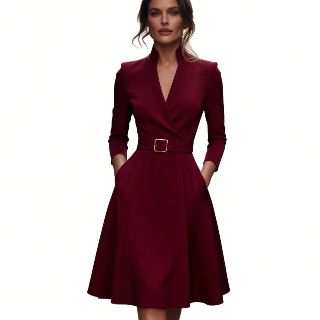 2026 Hot European Solid Color V Neck Waist Cinched Swing Long Sleeve Autumn Winter Dress - image 6