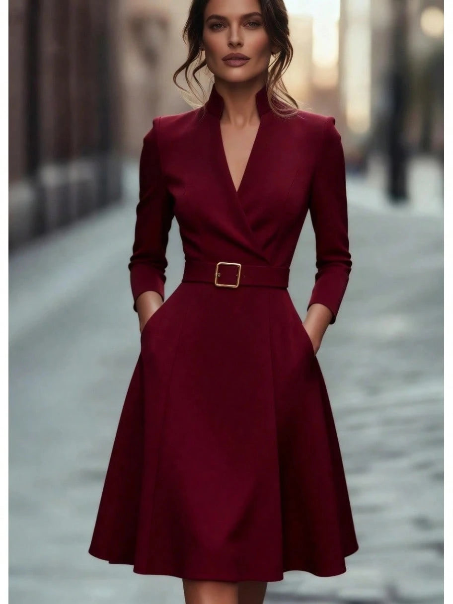 2026 Hot European Solid Color V Neck Waist Cinched Swing Long Sleeve Autumn Winter Dress - image 12