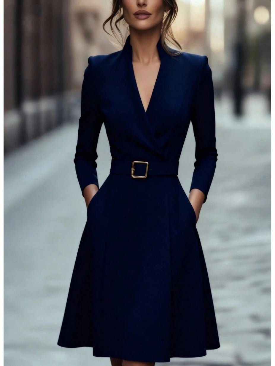 2026 Hot European Solid Color V Neck Waist Cinched Swing Long Sleeve Autumn Winter Dress - image 13