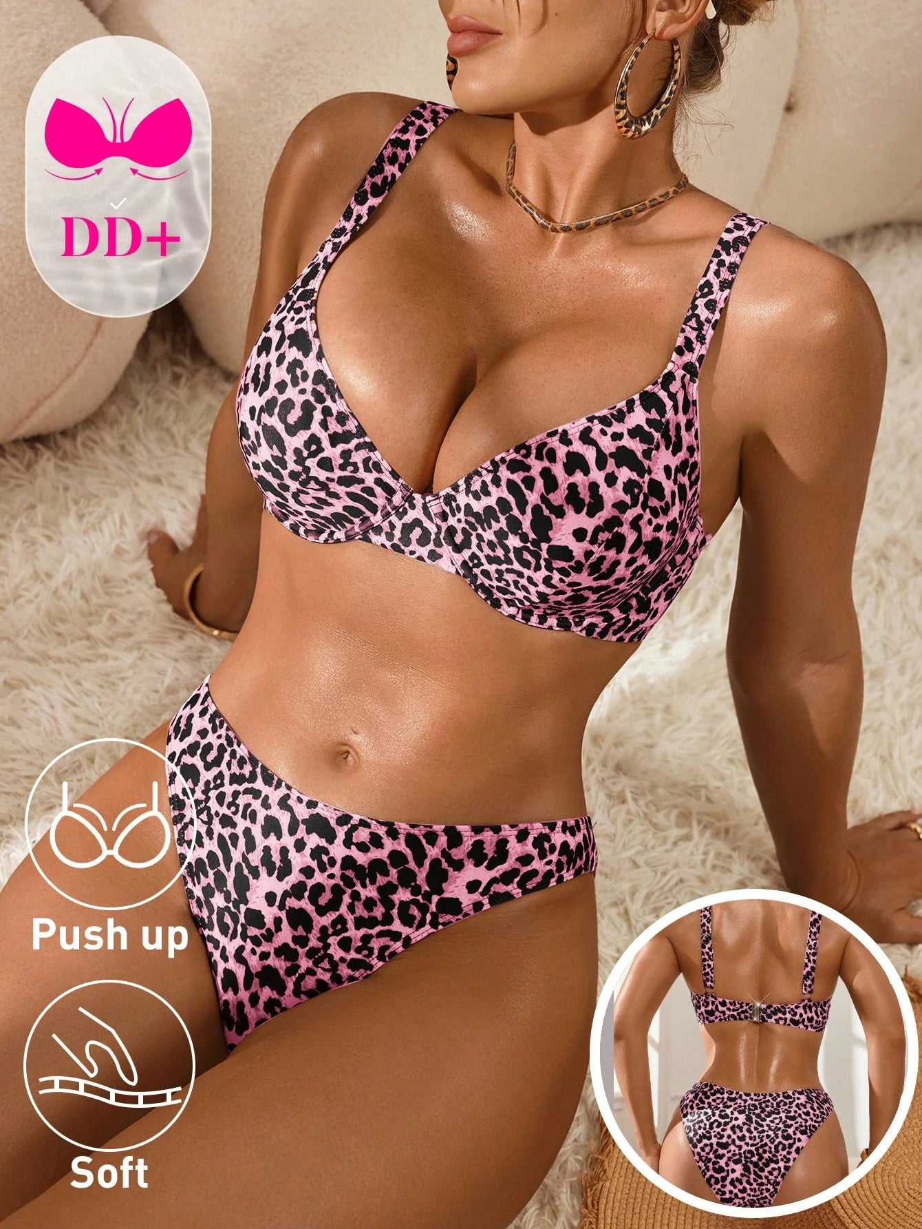 Swim DD+ Women's White With Black Polka Dots Bikini Set,70s Retro