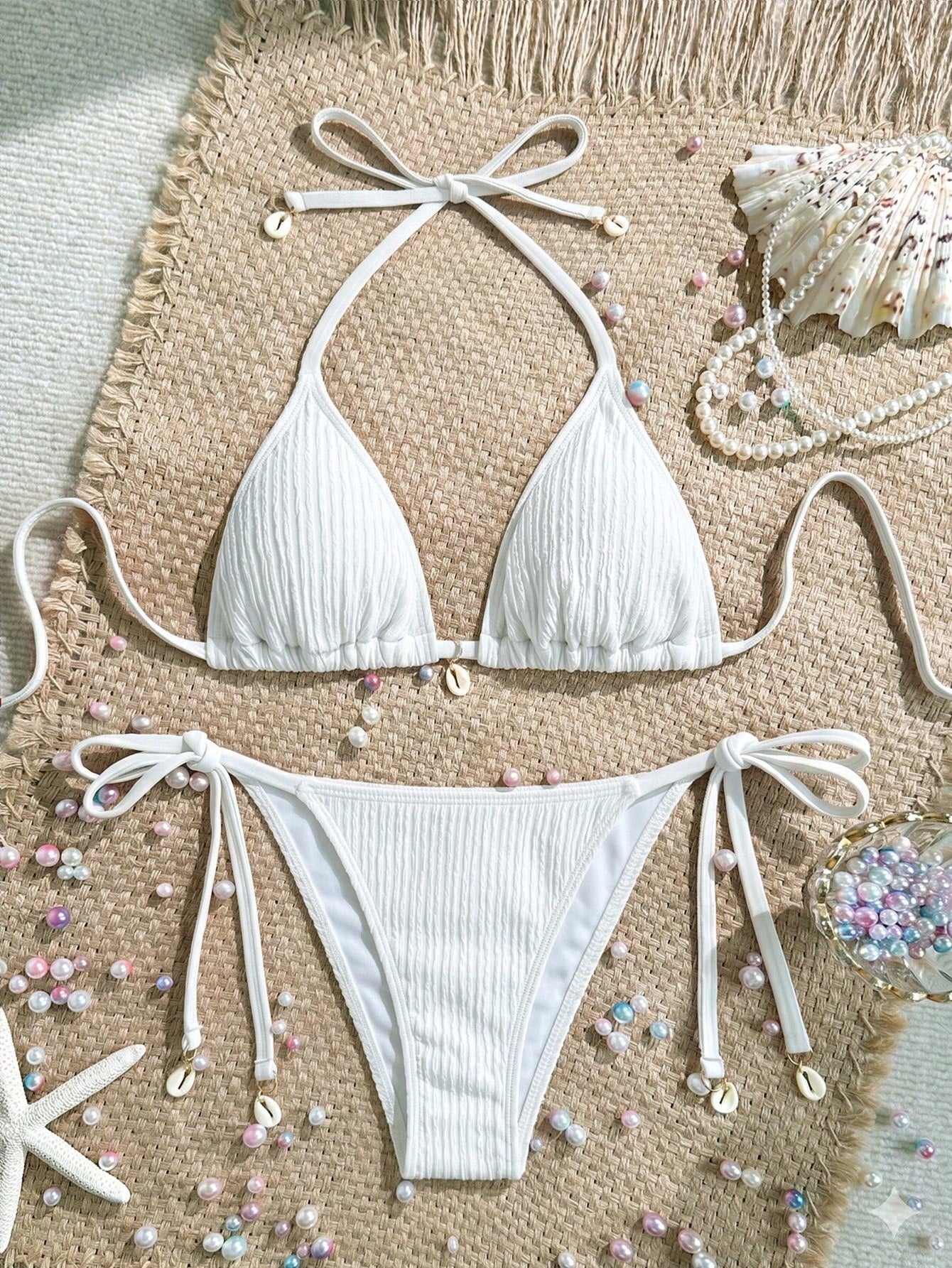 Swim Mod Summer Beach Textured Halter Neck Tie Two-Piece Bikini Set