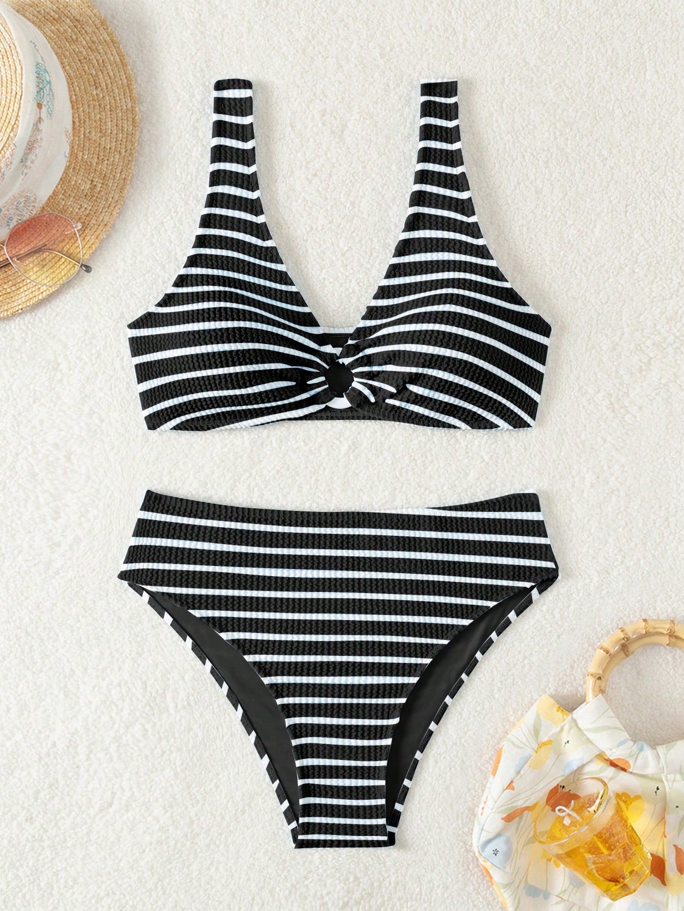 Swim Vcay Women's Striped Circular Ring Connected Sexy Bikini Set For