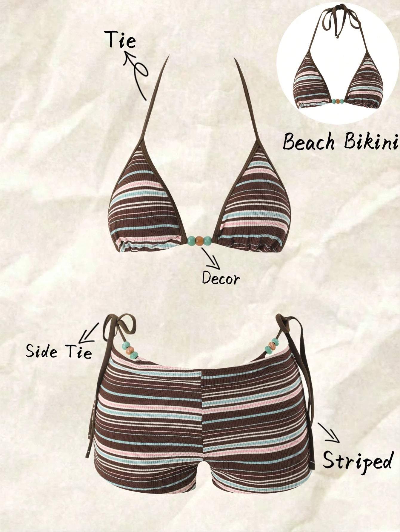 Bonvoyette Women's Chocolate Brown Contrast Striped Textured Bikini