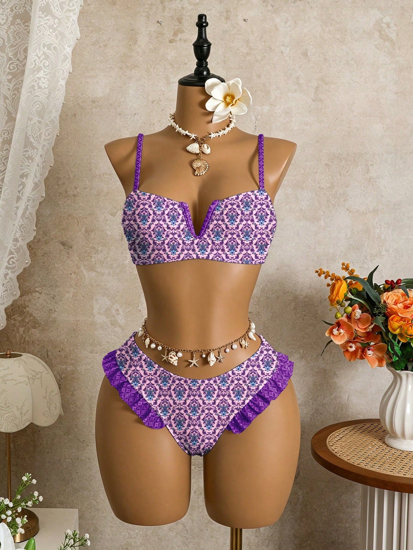 Bellisia Women's Summer Beach Floral Print Ruffle Trim Sexy Bikini