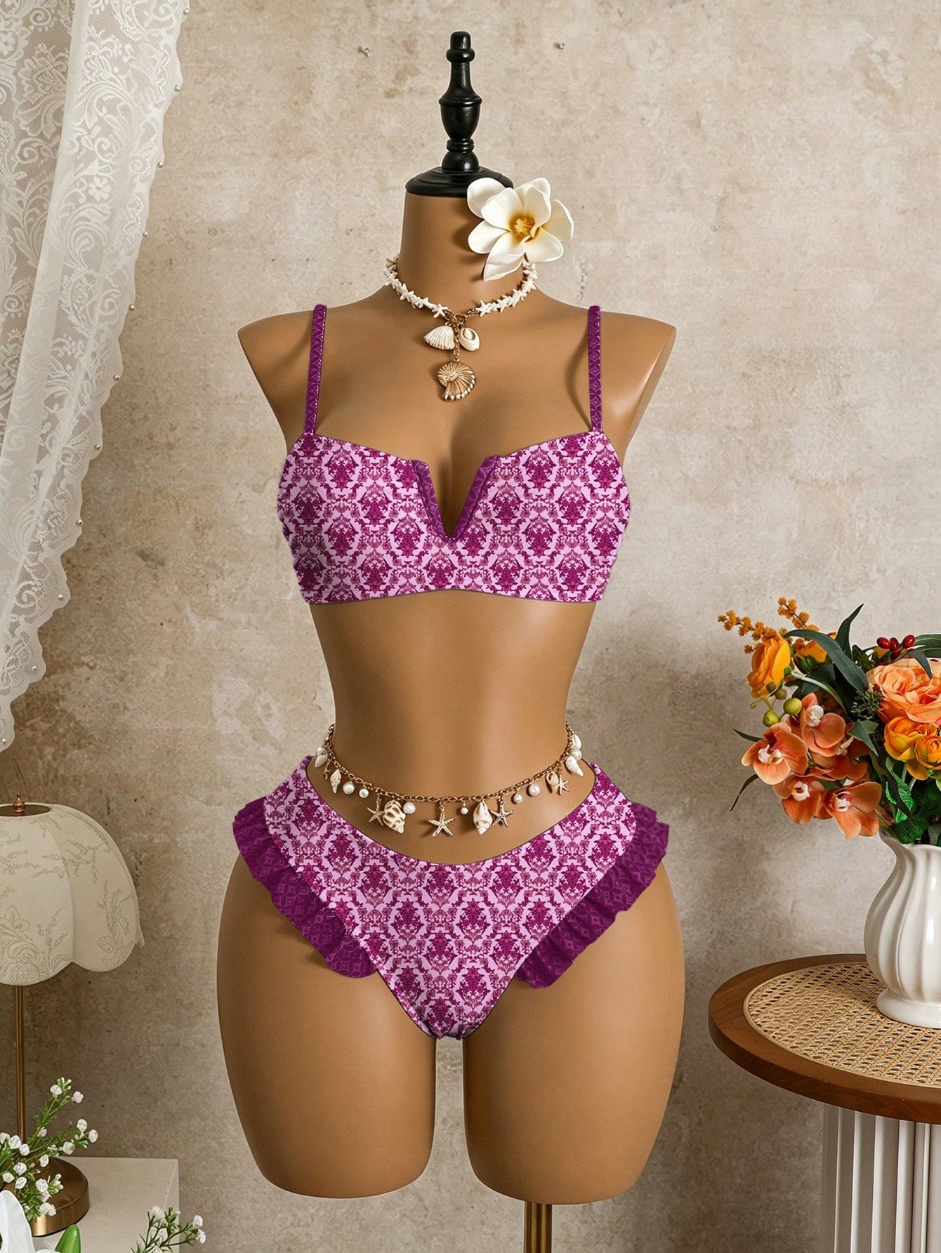 Bellisia Women's Summer Beach Floral Print Ruffle Trim Sexy Bikini