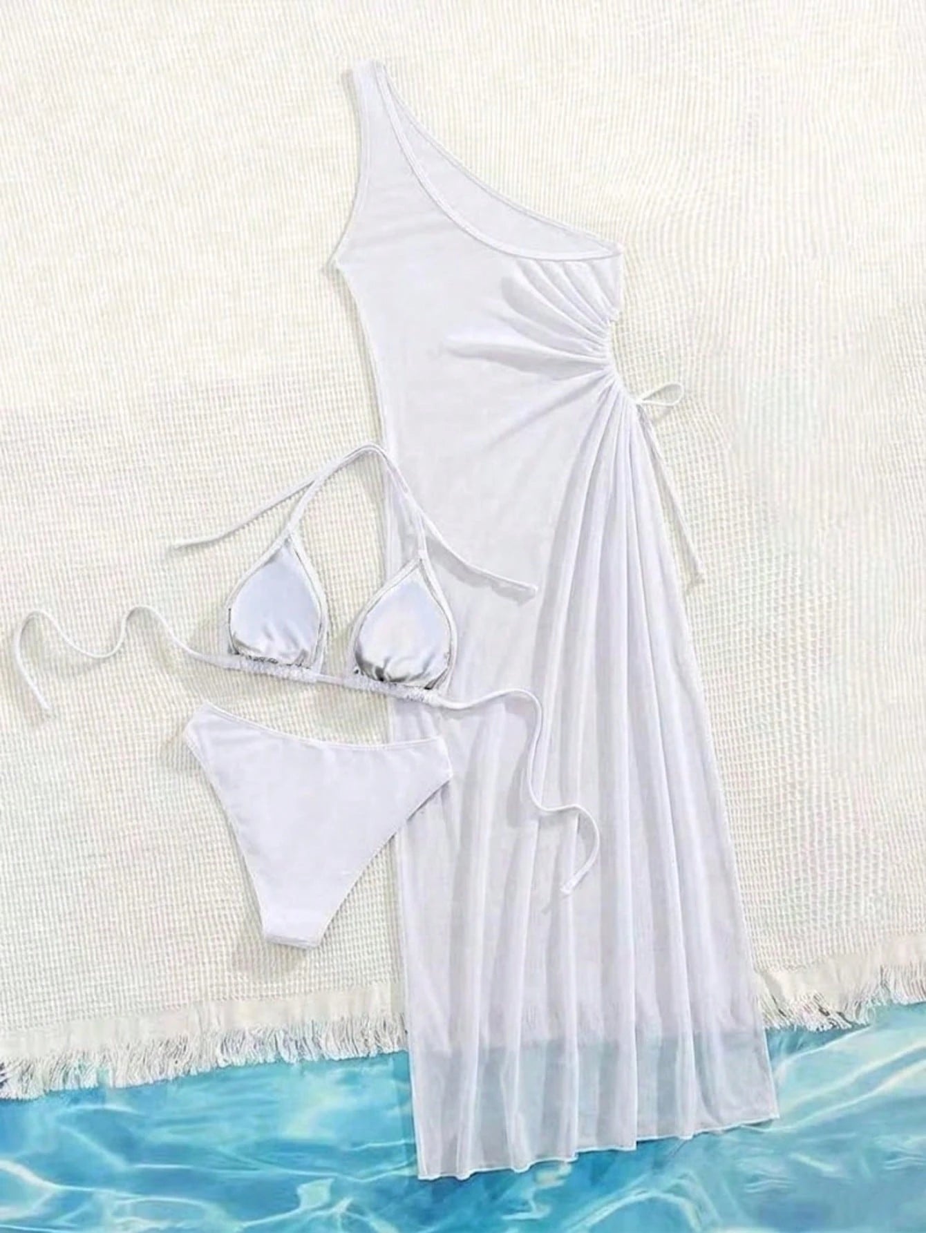 2026 New 3pcs Brown Swimwear Set For Women, Spaghetti Strap Bikini With Mesh Cov