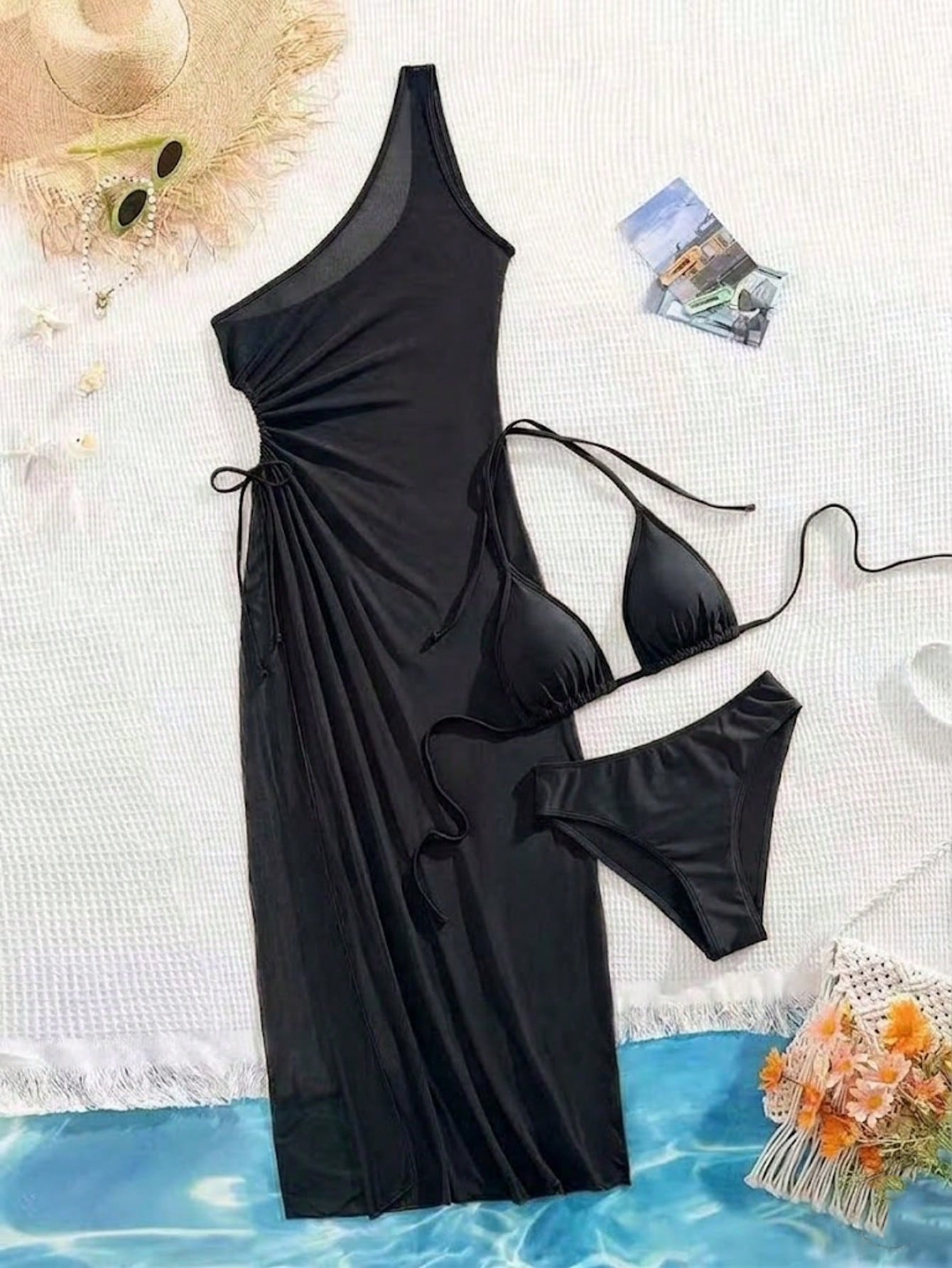 2026 New 3pcs Brown Swimwear Set For Women, Spaghetti Strap Bikini With Mesh Cov