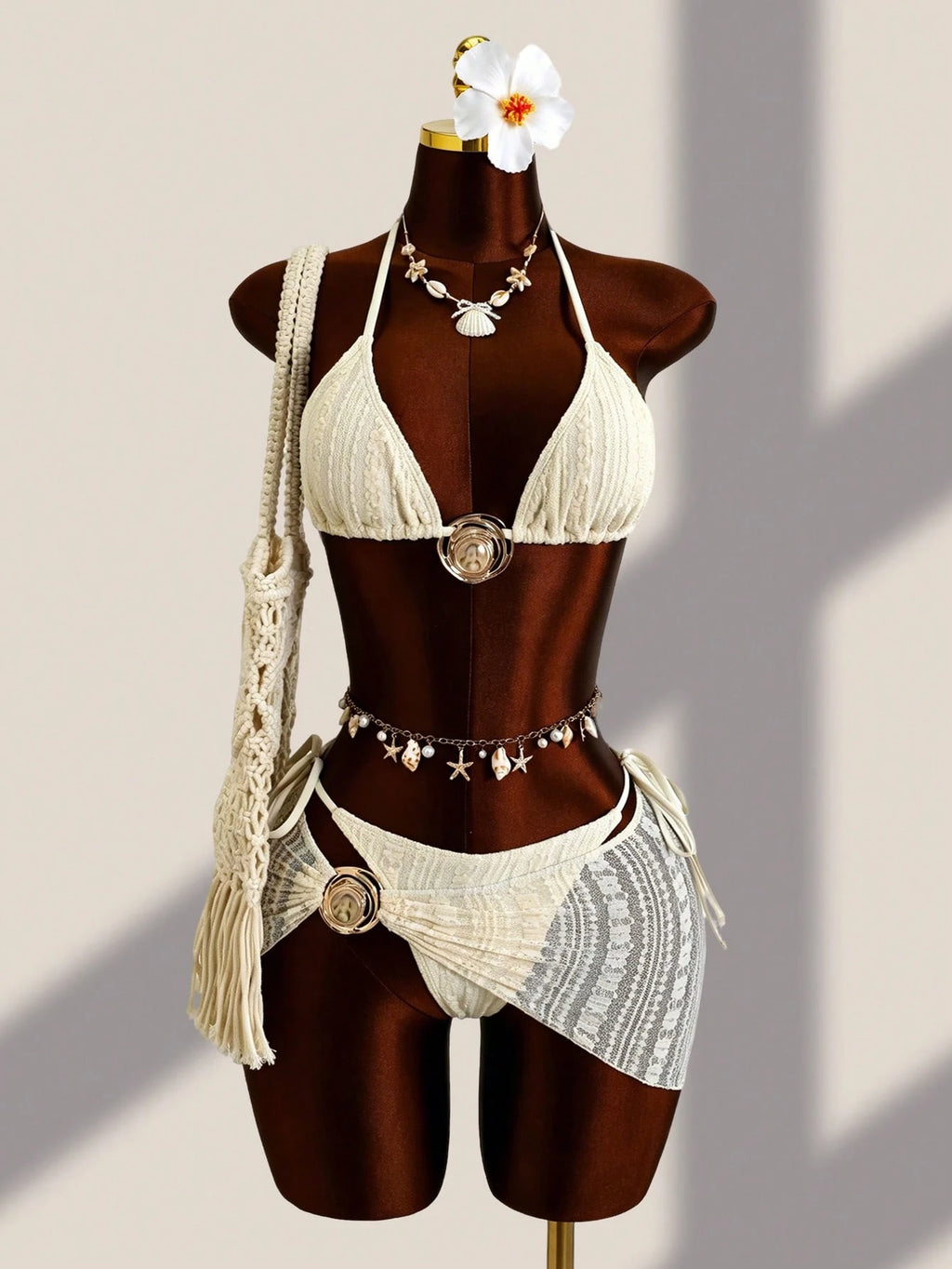 Swim SXY 3pcs Retro Printed Halter Bikini Set, Including Bandage Pants, Mesh Mini Skirt, Fashionable & Sexy