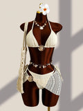 Swim SXY 3pcs Retro Printed Halter Bikini Set, Including Bandage Pants, Mesh Mini Skirt, Fashionable & Sexy
