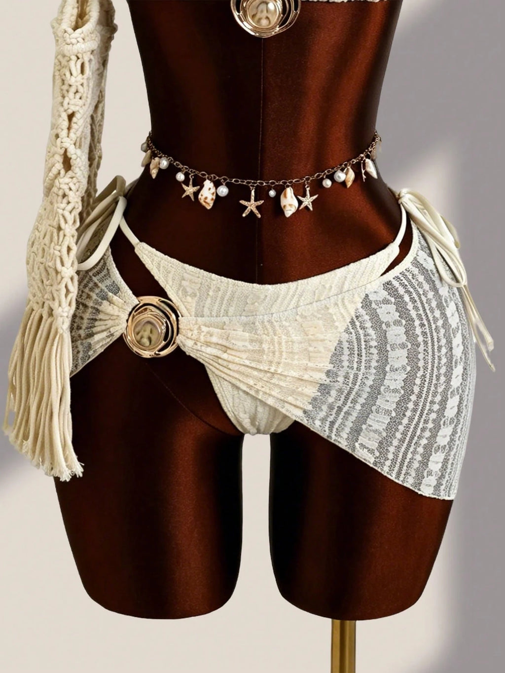 Swim SXY 3pcs Retro Printed Halter Bikini Set, Including Bandage Pants, Mesh Min