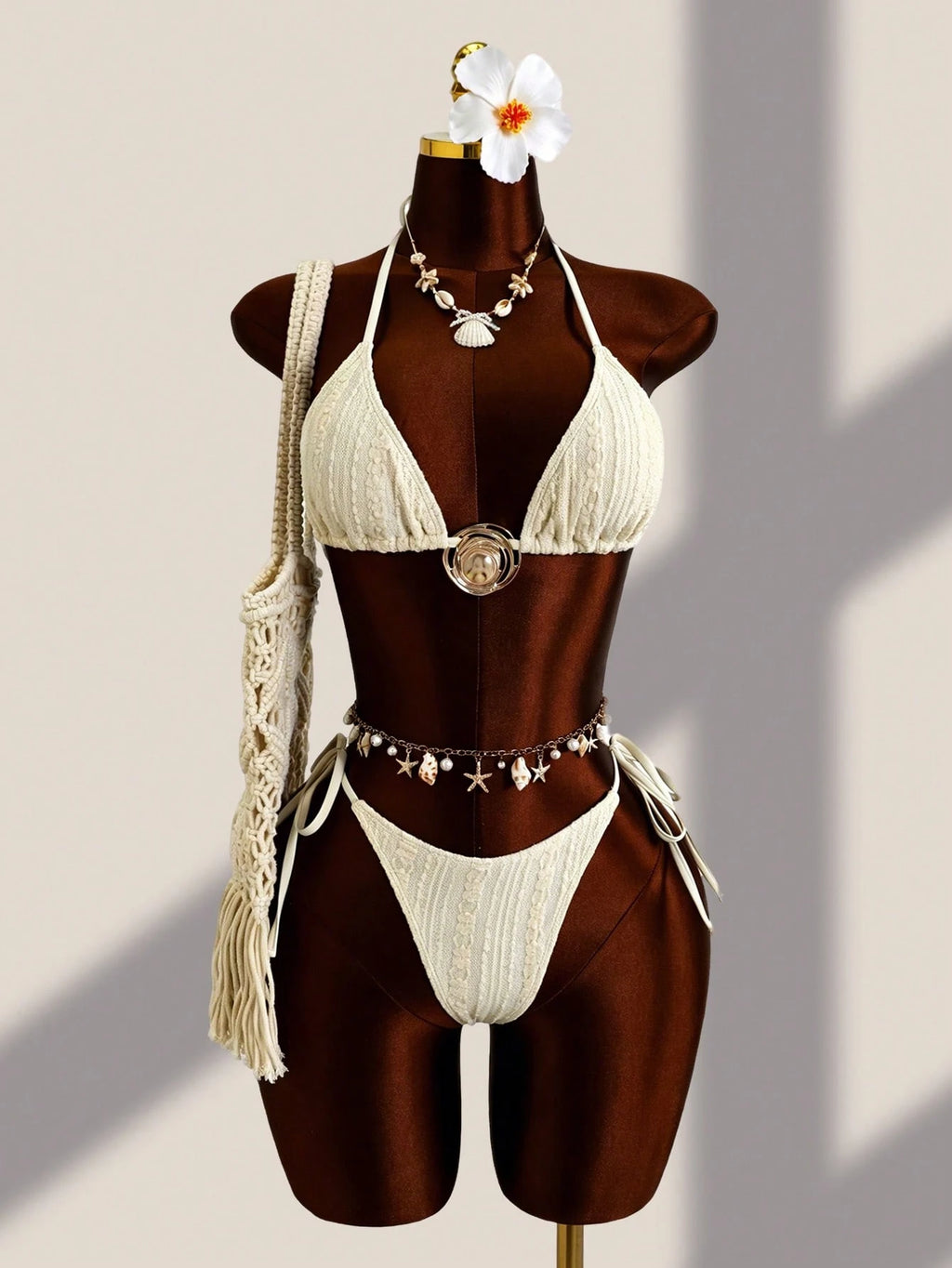 Swim SXY 3pcs Retro Printed Halter Bikini Set, Including Bandage Pants, Mesh Min