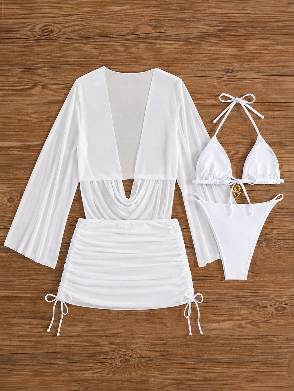 4pcs Sexy Solid Color Bikini Set With Sheer Cover-Up, Suitable For Vacation, Bea